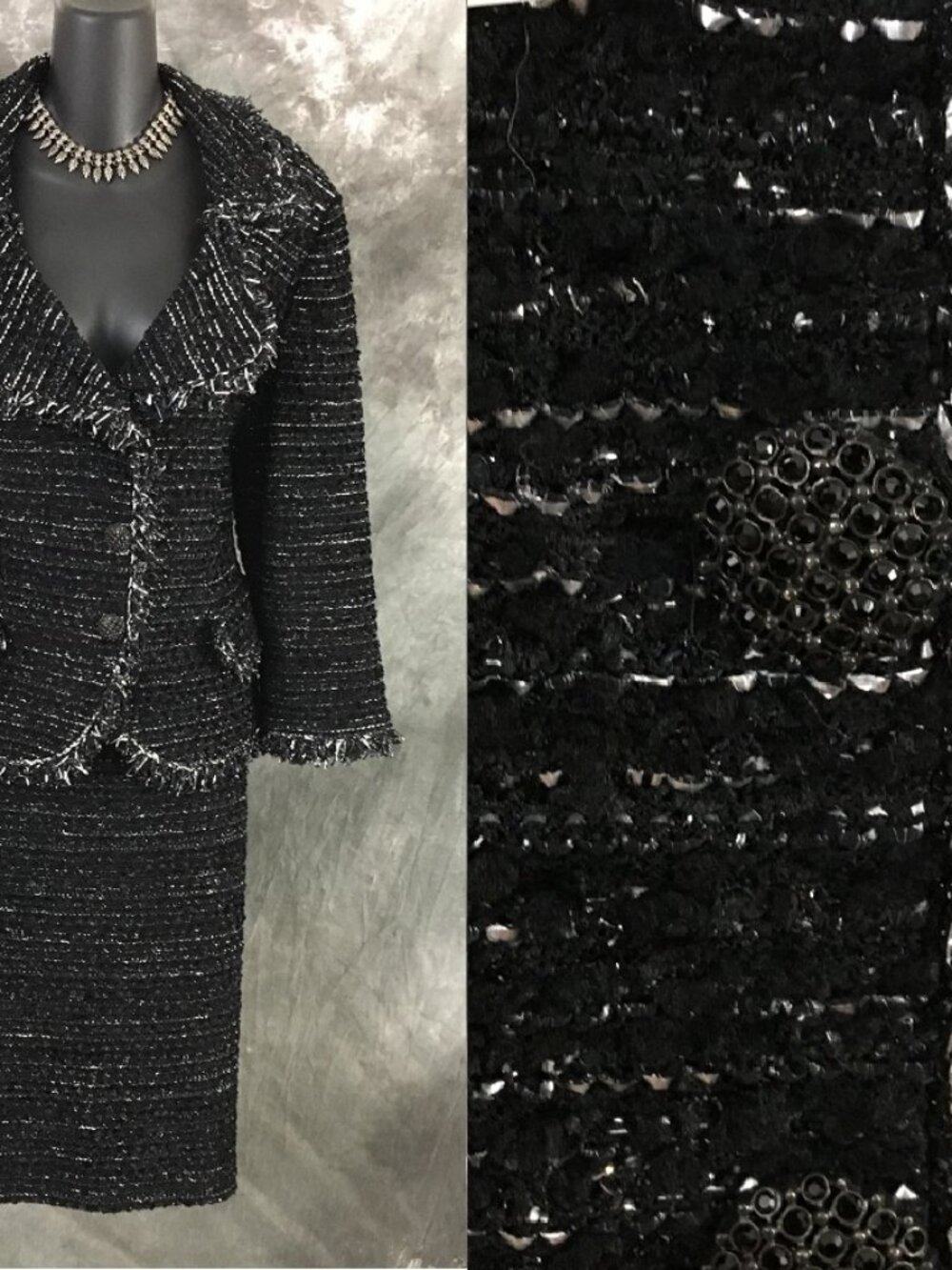 BEAUTIFUL St John knit black multi fringe jacket skirt suit size 16